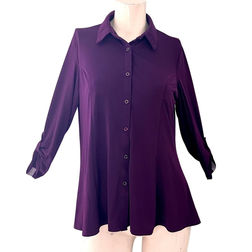 Knapp Studio Blouse Top L Purple Flowy Button Down Stretch Career Office Classic - Picture 2 of 8